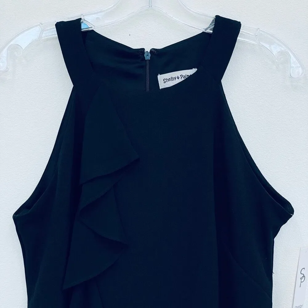 NWT Shelby & Palmer Black 6 Black Ruffled Halter  Sleeveless Stretch Midi Dress